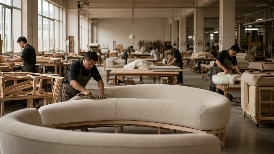 Furniture makers working on upholstered frames in a workshop