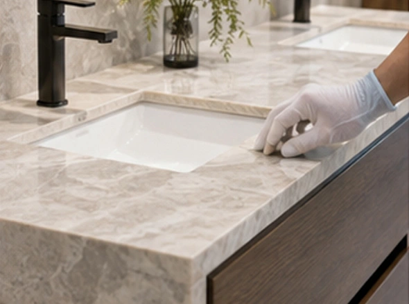 A gloved hand checking the finish of a stone bathroom surface