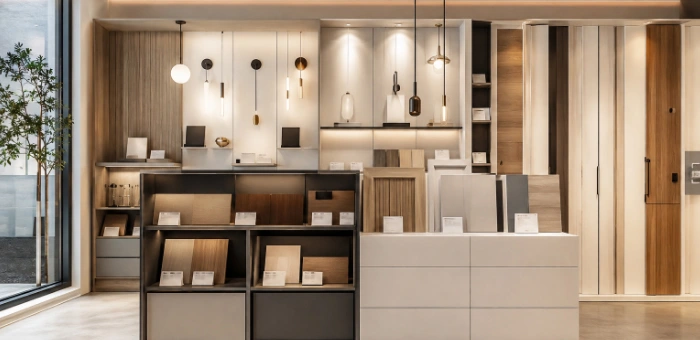 A showroom displaying coordinated materials and furniture finishes