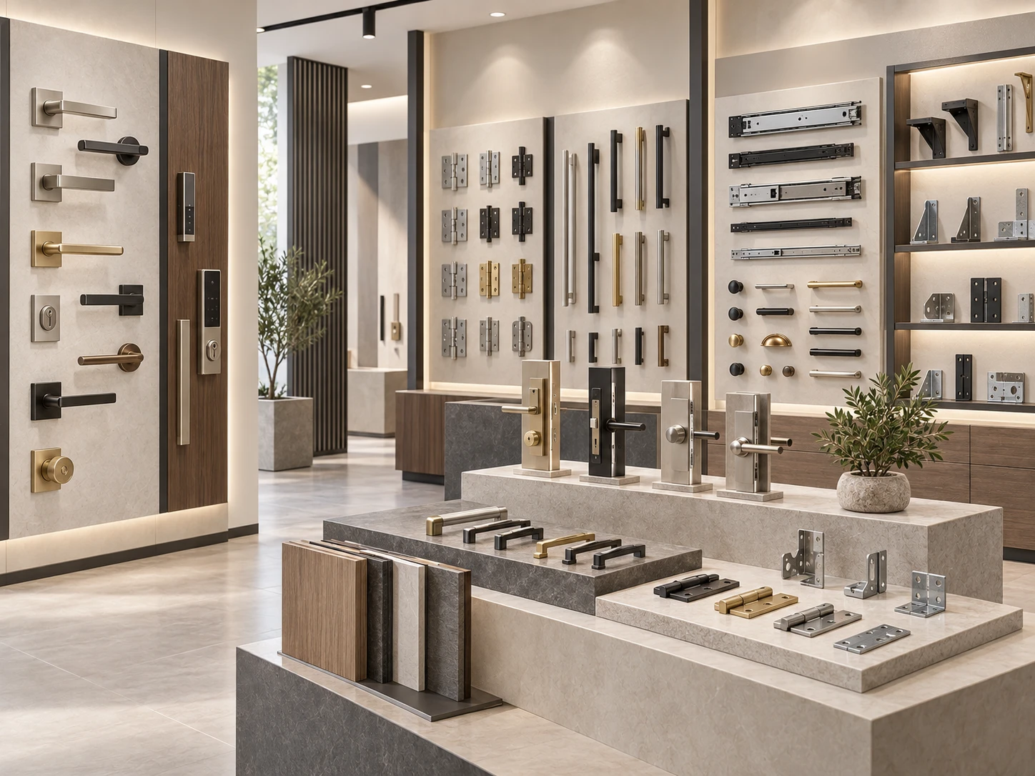 Door locks, handles, hinges, drawer slides and metal hardware