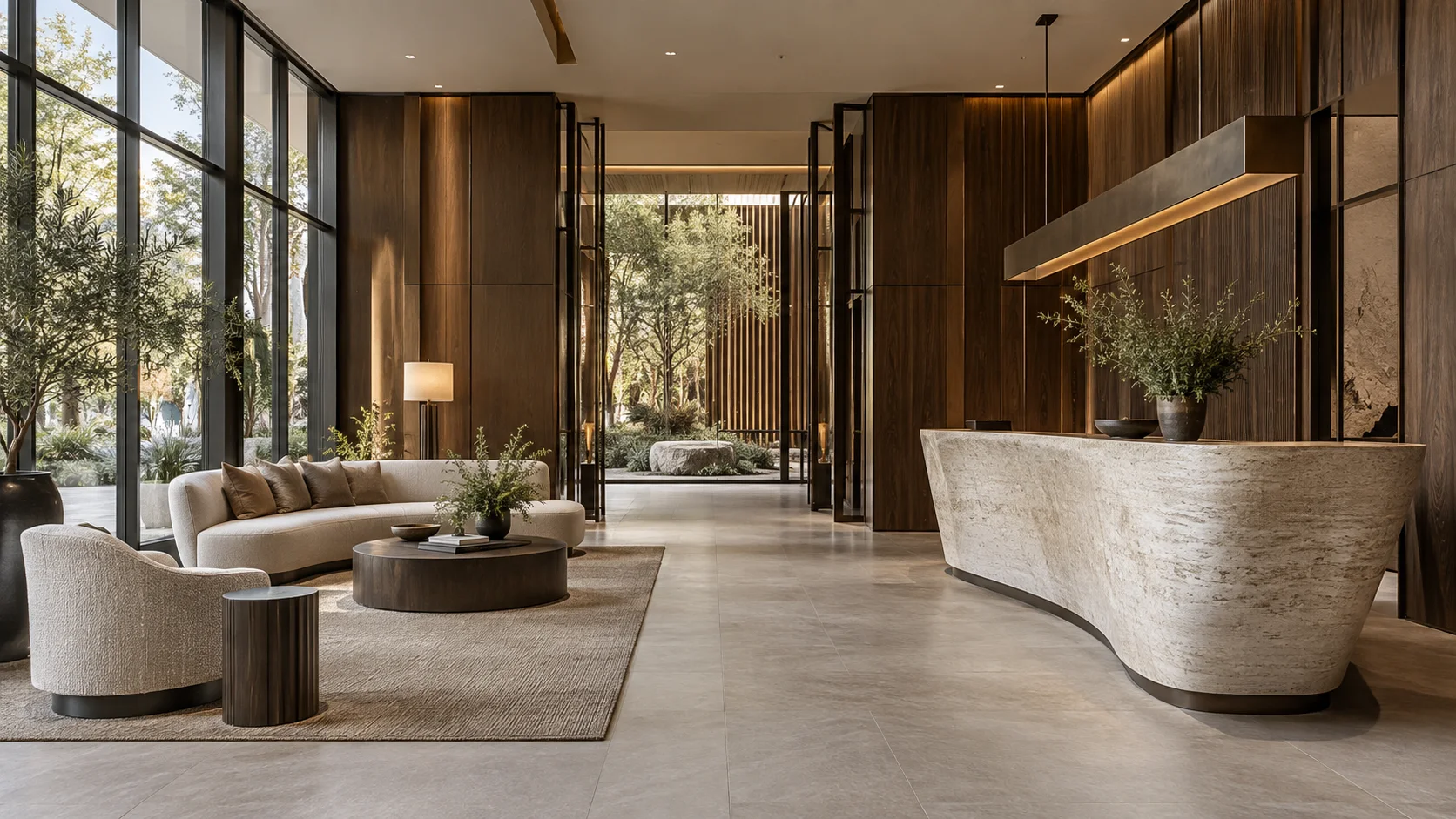 Hospitality interior with a stone reception desk and wood panels