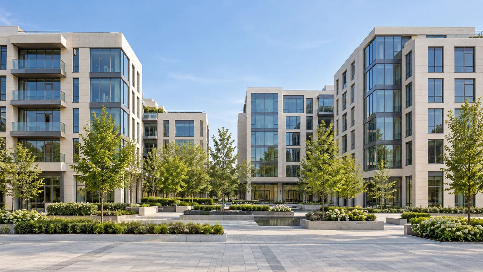 Modern development with stone cladding and glass facades