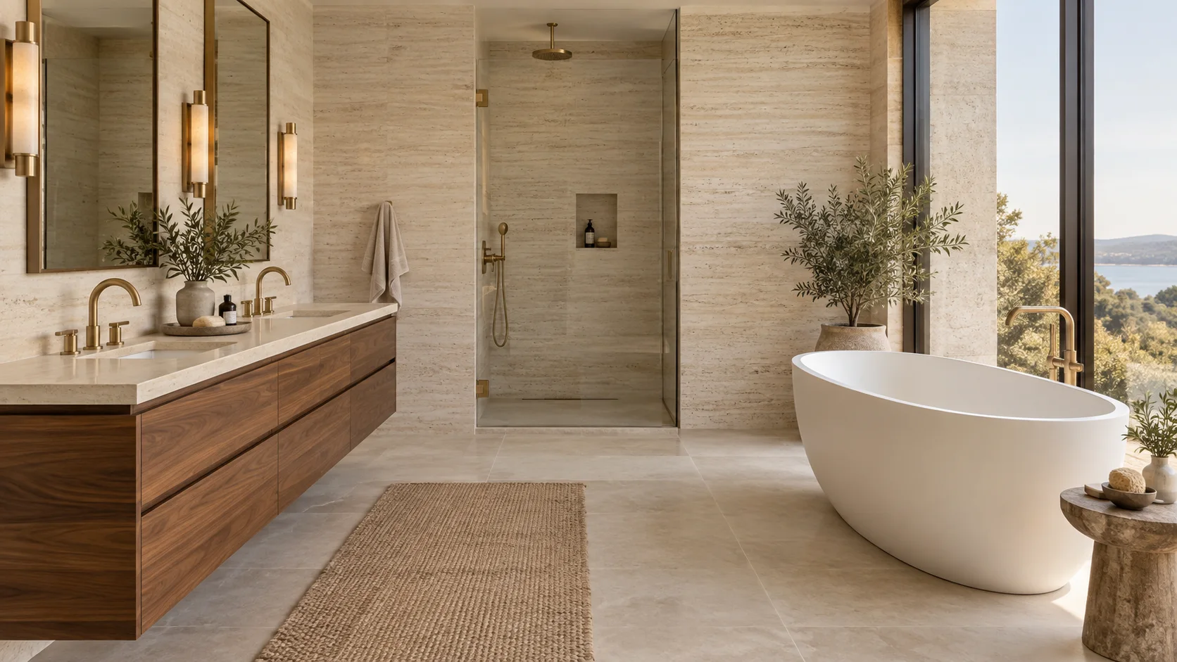 Bathroom with stone finishes, vanity and freestanding bathtub