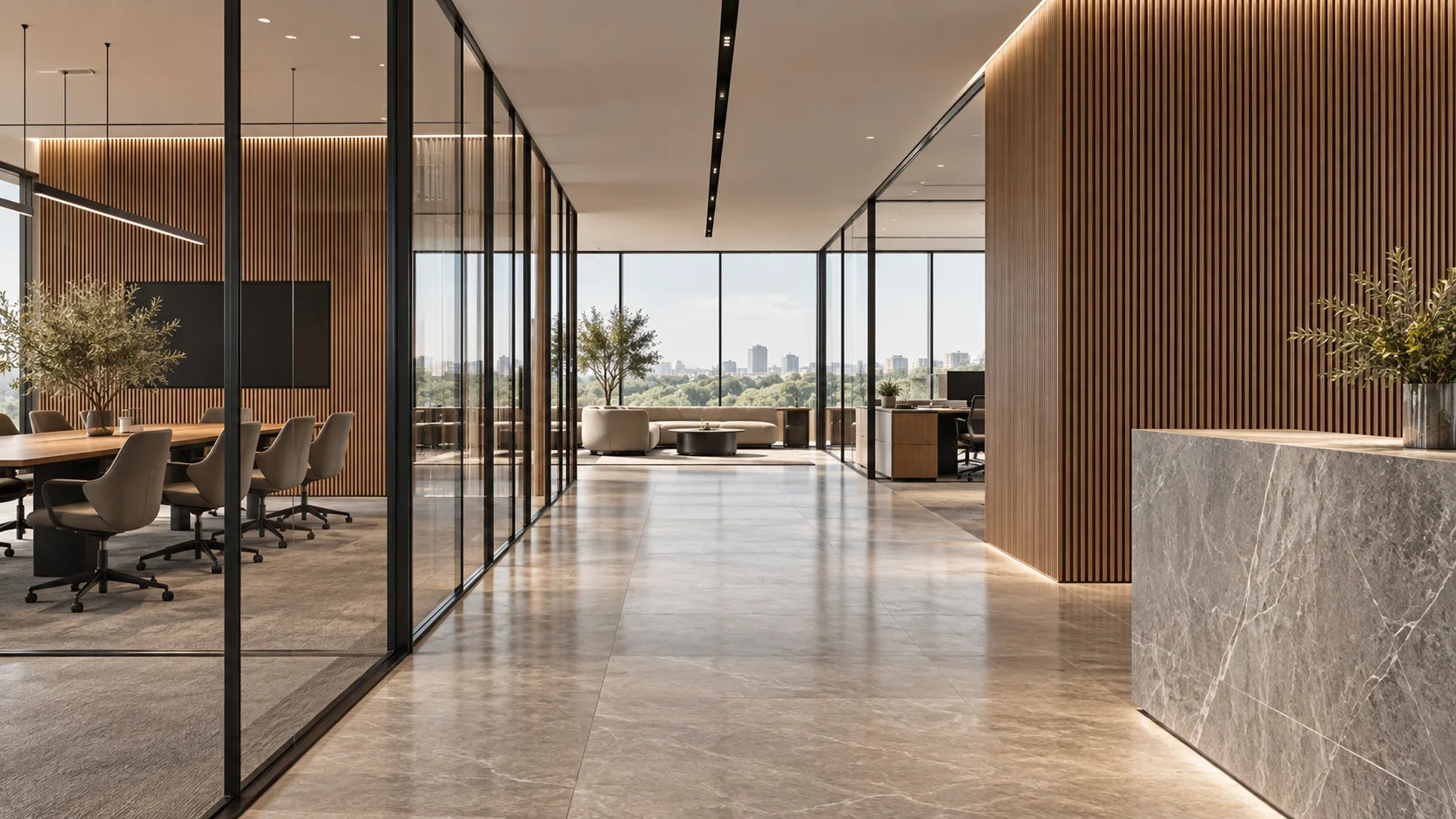 Workplace with glass partitions, wood panels and stone floors