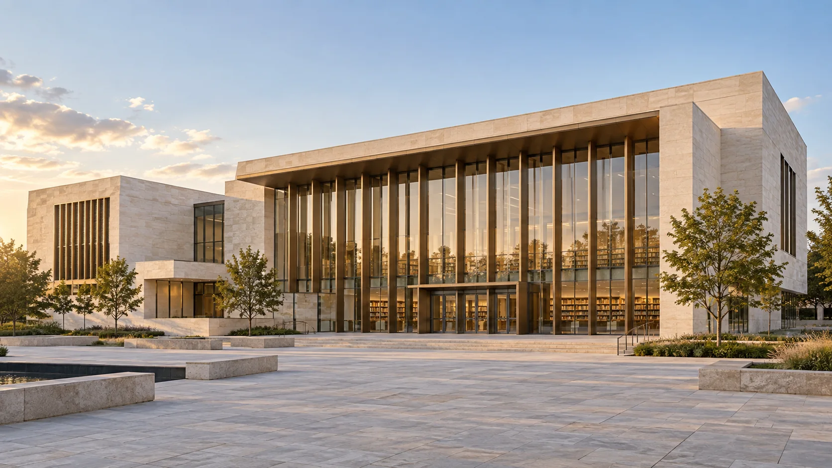 Public cultural building with stone and glass facades