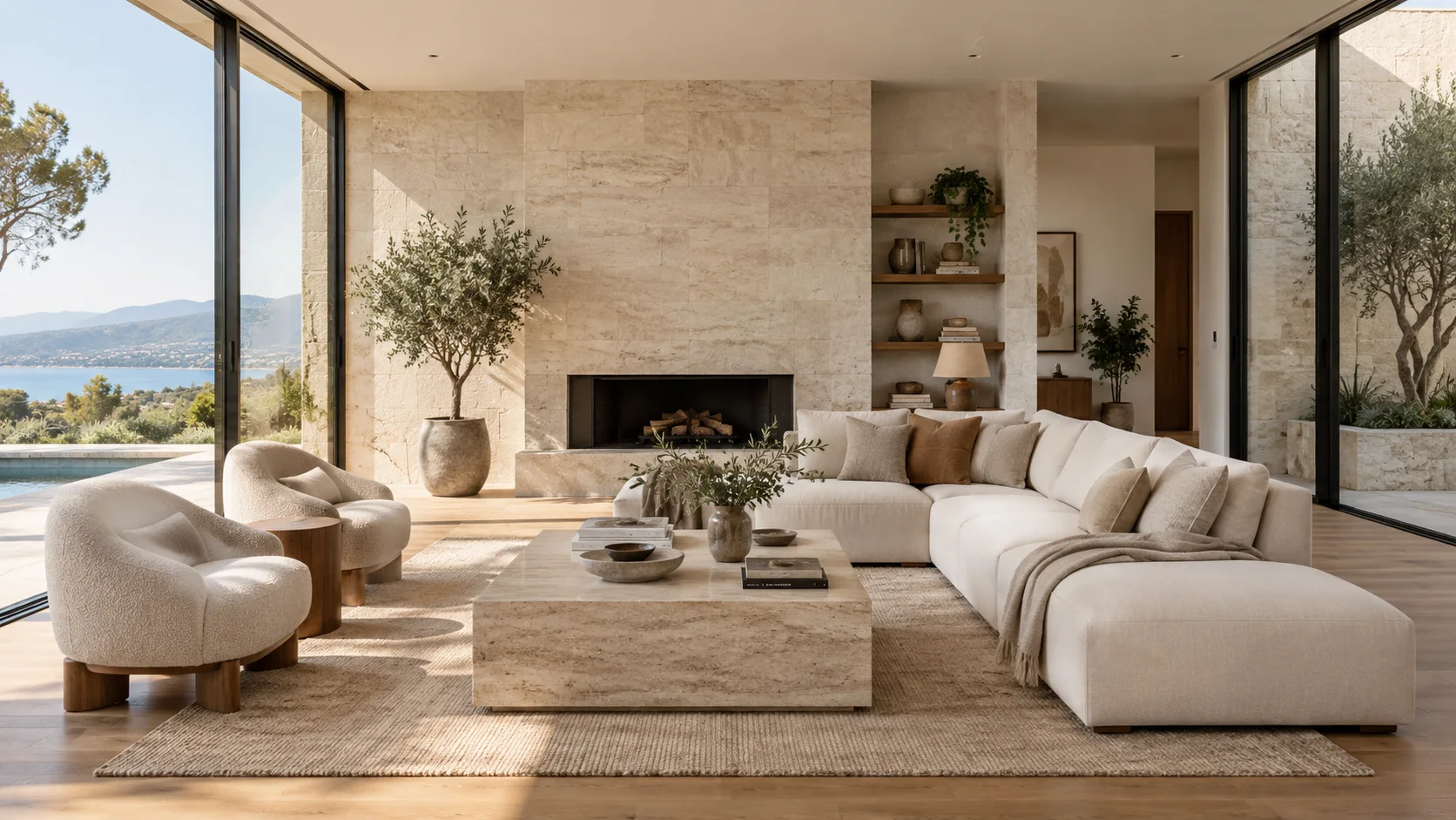 Contemporary home with stone finishes, wood flooring and glazing