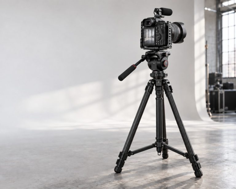 Rear view of a tripod-mounted camera filming the factory to the right