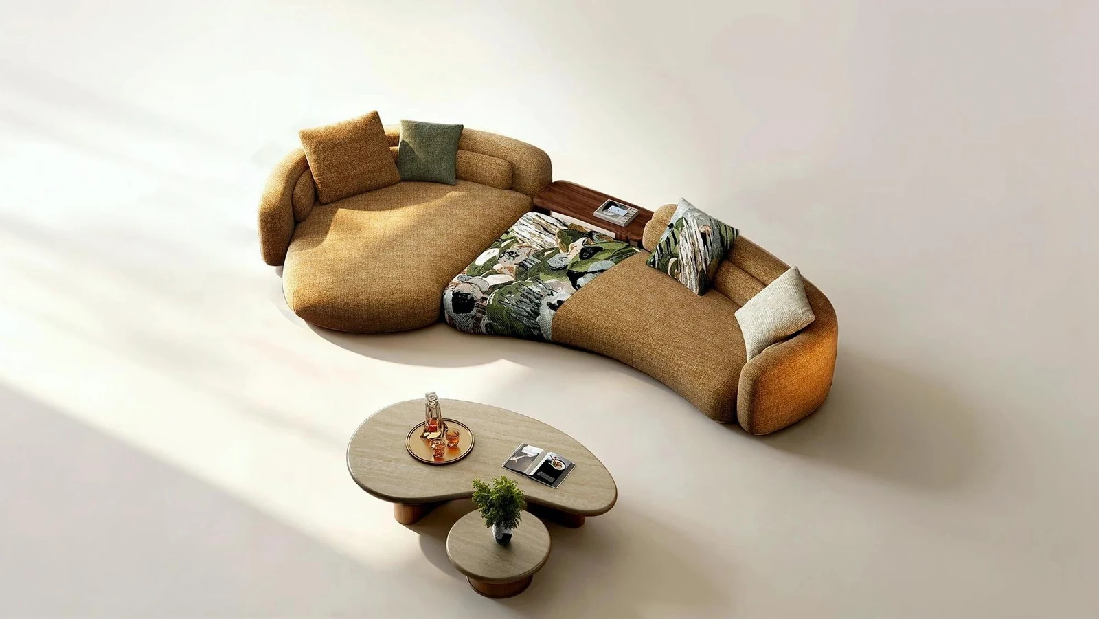 Complete caramel curved modular sofa